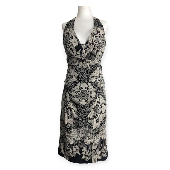 y2k Silk Lace Silhouette Print Halter Midi Pencil Dress - Picture 1 of 7